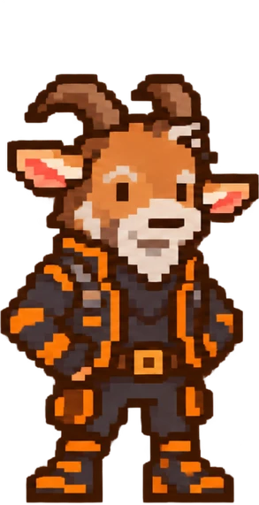 Erik as a pixel goat in a black and orange jacket