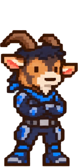 Ritchie as a pixel goat with dark hair, in a blue suit, arms crossed
