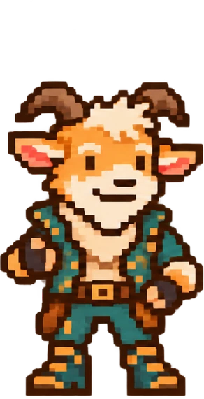 Spencer as a pixel goat in a green jacket, cream tuft and a big grin