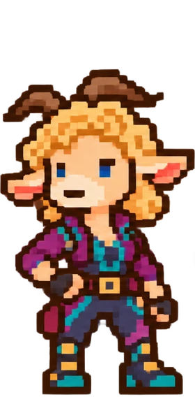 Susanna as a blonde, blue-eyed pixel goat in a purple jacket