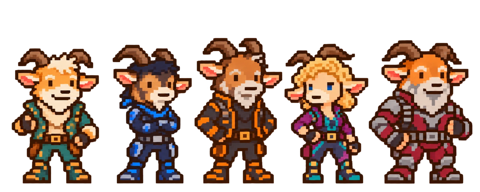 Five pixel goats in adventure gear, standing in a row: Spencer, Ritchie, Erik, Susanna and David